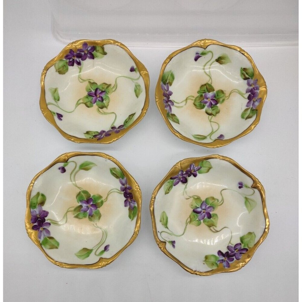 4 MCM Vtg BT Co Hand Painted Violets 5 Inch Porcelain Bowls Japan Dessert Dishes